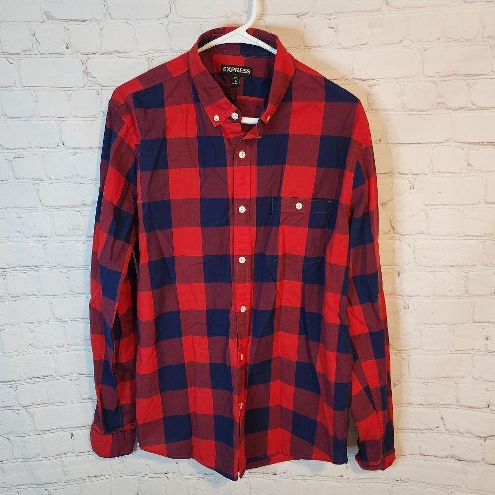 Men's Express Red and Blue Plaid Men's Shirt, Size Large